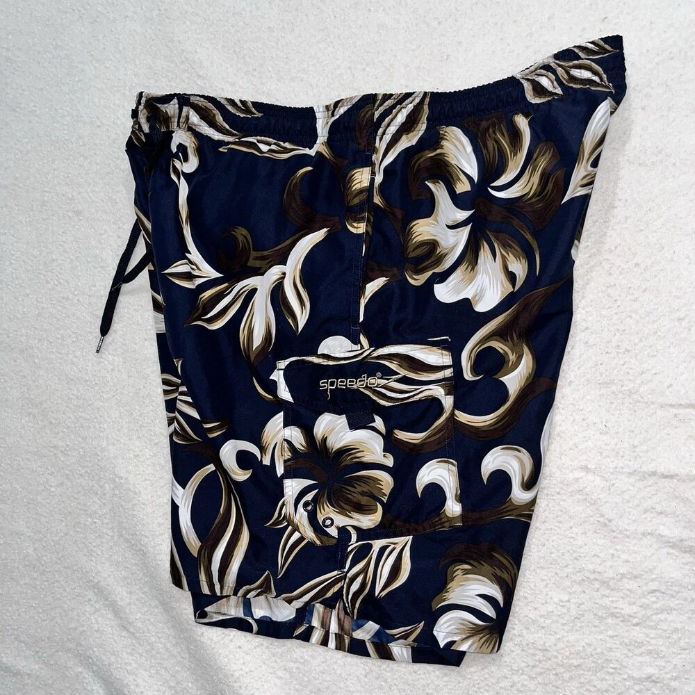 Speedo Swim Trunks Men Size M Blue Floral Lined Draw String Swim Shorts